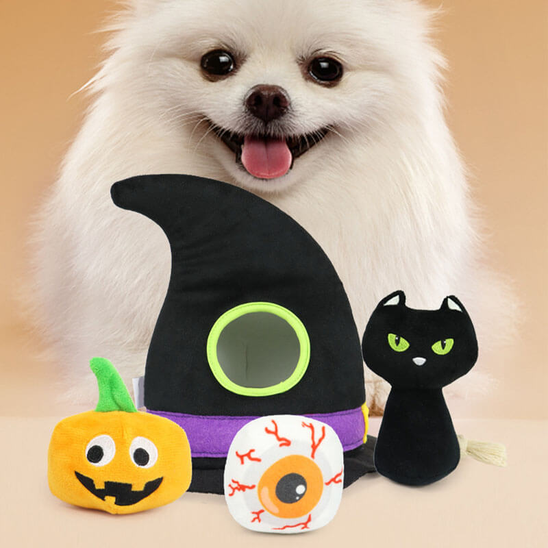 The Kitty Place™ Halloween Witch Hat Squeaky Pumpkin Black Cat Eyes Dog Four-Piece Set Toys
